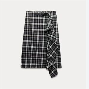NWT Zara Belted Black, White, Gray Plaid Flannel 100% Cotton Skirt (S)